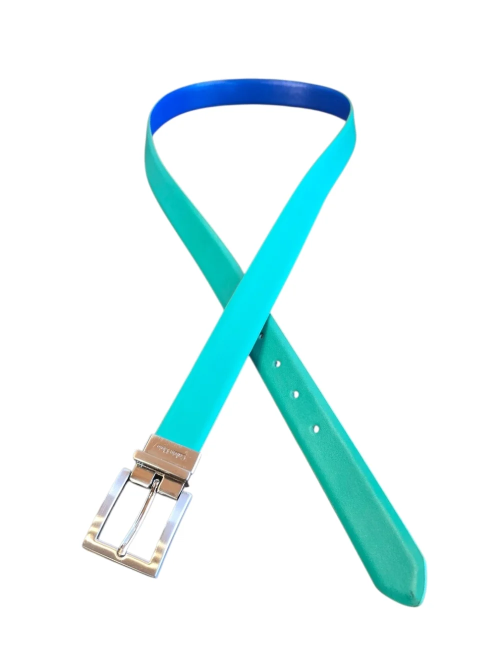 Calvin Klein Reversible Blue Green Leather Silver Buckle Belt XL